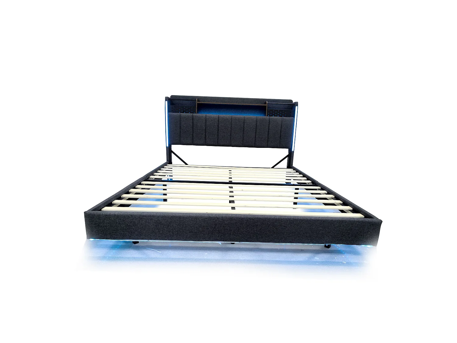 Lit Capitonné 160 x 200 cm - Lit Adulte - En Tissu Lin - Éclairage LED, Port USB - Avec Rangement Tête De Lit Et Coffre - Gris - Sans matelas