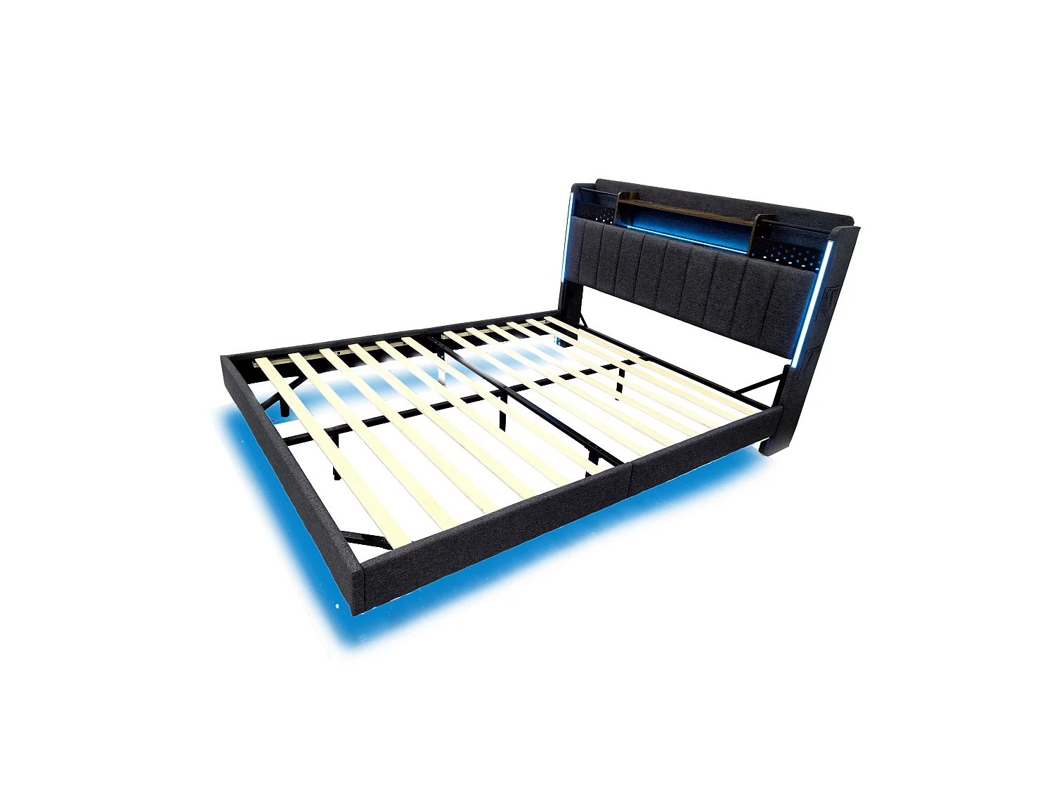 Lit Capitonné 160 x 200 cm - Lit Adulte - En Tissu Lin - Éclairage LED, Port USB - Avec Rangement Tête De Lit Et Coffre - Gris - Sans matelas