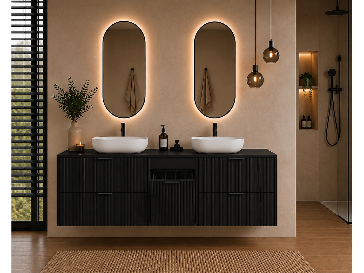 Ensemble de meubles de salle de bain avec panier à linge, Noir / Poignées Noires, 140 x 57 x 46 cm