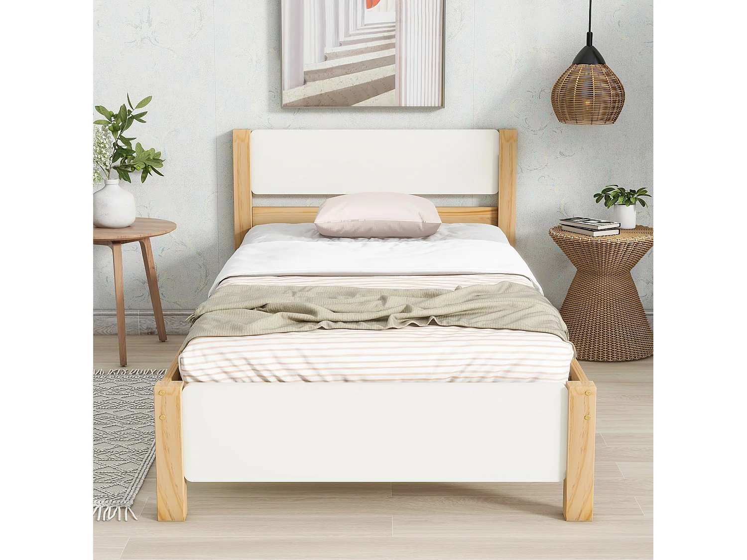 Lit 90x200 cm - Lit Simple En Bois Massif;MDF Avec 15 Lattes Et Pieds Centraux Pour Stabilité - Sans matelas - Design Blanc+Naturel