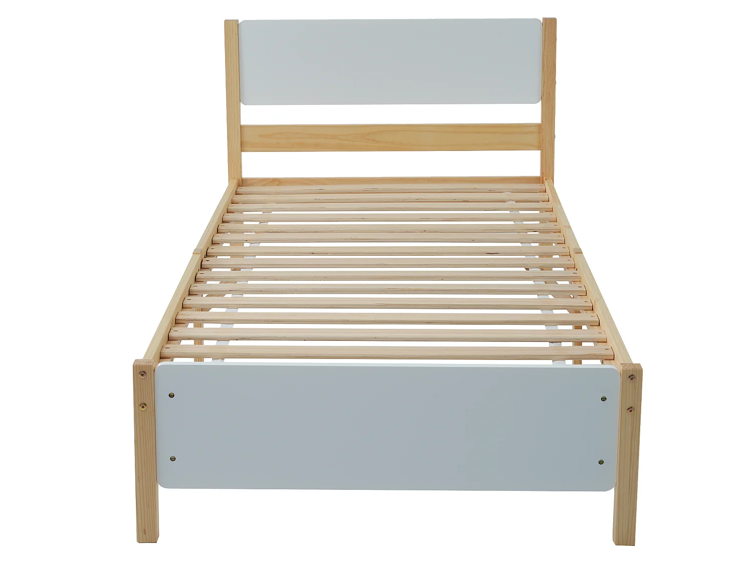 Lit 90x200 cm - Lit Simple En Bois Massif;MDF Avec 15 Lattes Et Pieds Centraux Pour Stabilité - Sans matelas - Design Blanc+Naturel