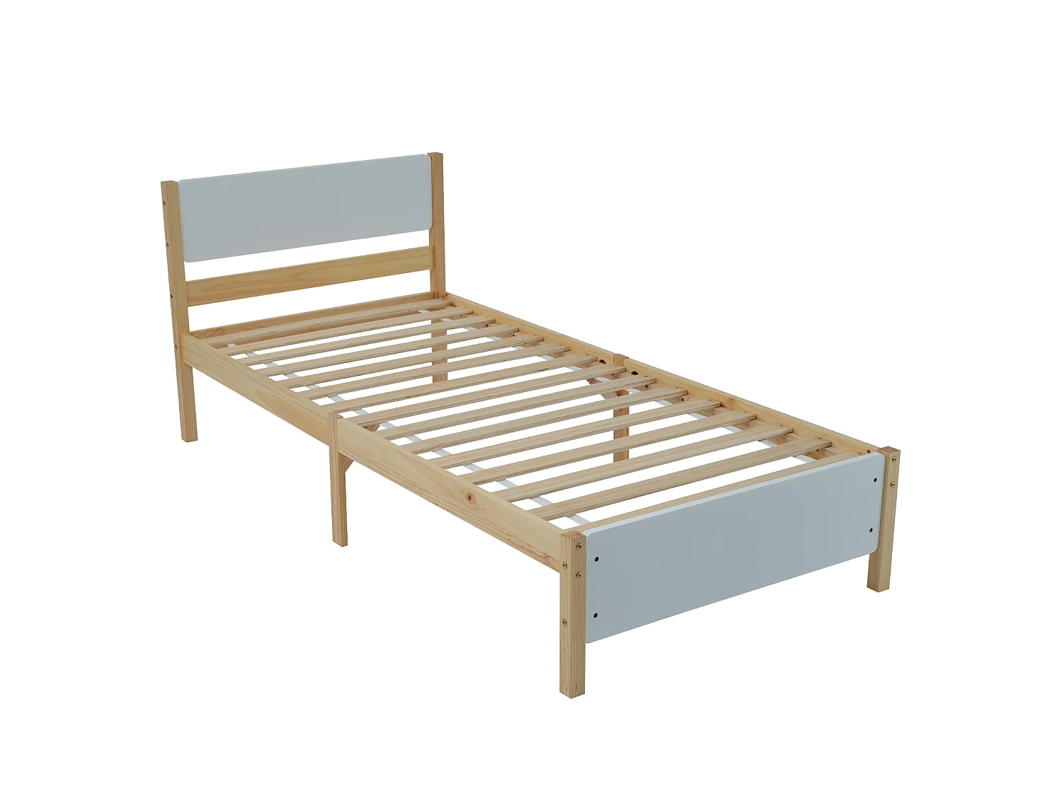 Lit 90x200 cm - Lit Simple En Bois Massif;MDF Avec 15 Lattes Et Pieds Centraux Pour Stabilité - Sans matelas - Design Blanc+Naturel