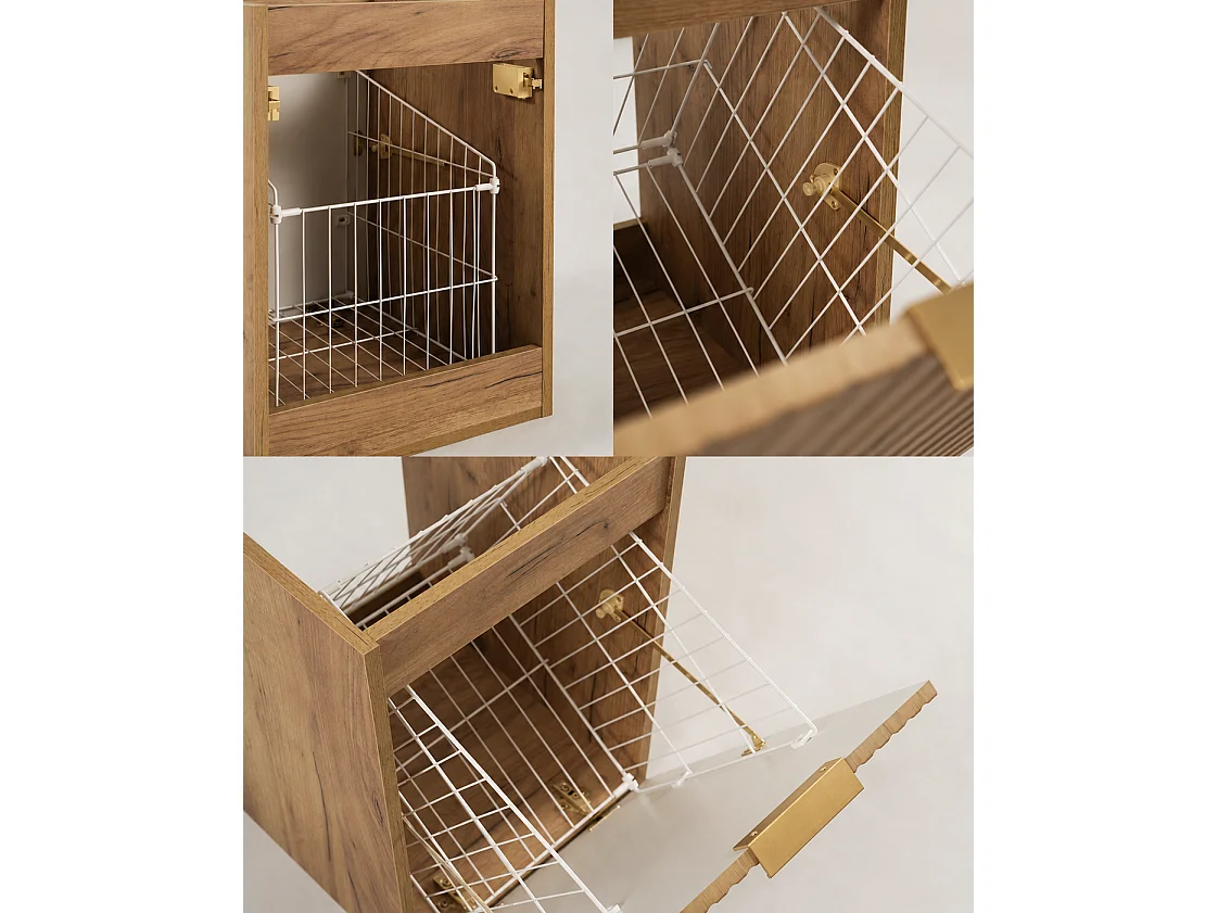 Set di mobili da bagno con cesto portabiancheria, Rovere Craft / Piano Nero / Maniglie Dorate, 120 x 57 x 46 cm