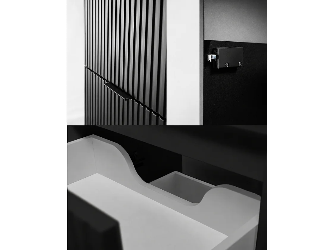 Set di mobili da bagno con cesto portabiancheria, Nero / Piano Marmo Black Royal / Maniglie Nere, 120 x 57 x 46 cm