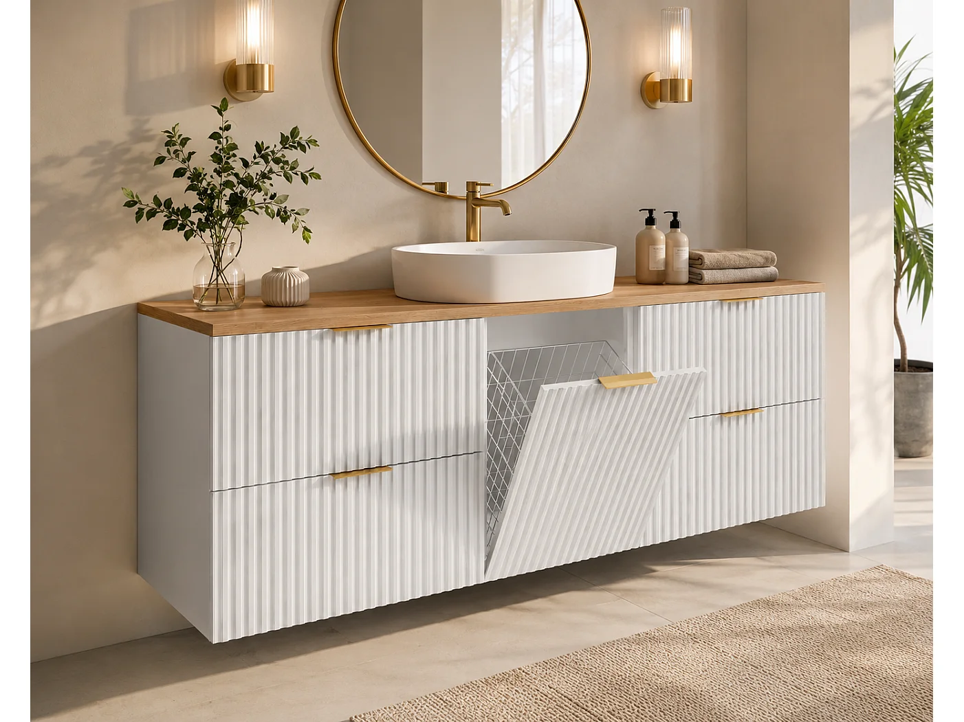 Mueble de baño suspendido bajo lavabo con cesto para la ropa, blanco / encimera roble claro, tiradores dorados, 160 x 46 x 57 cm