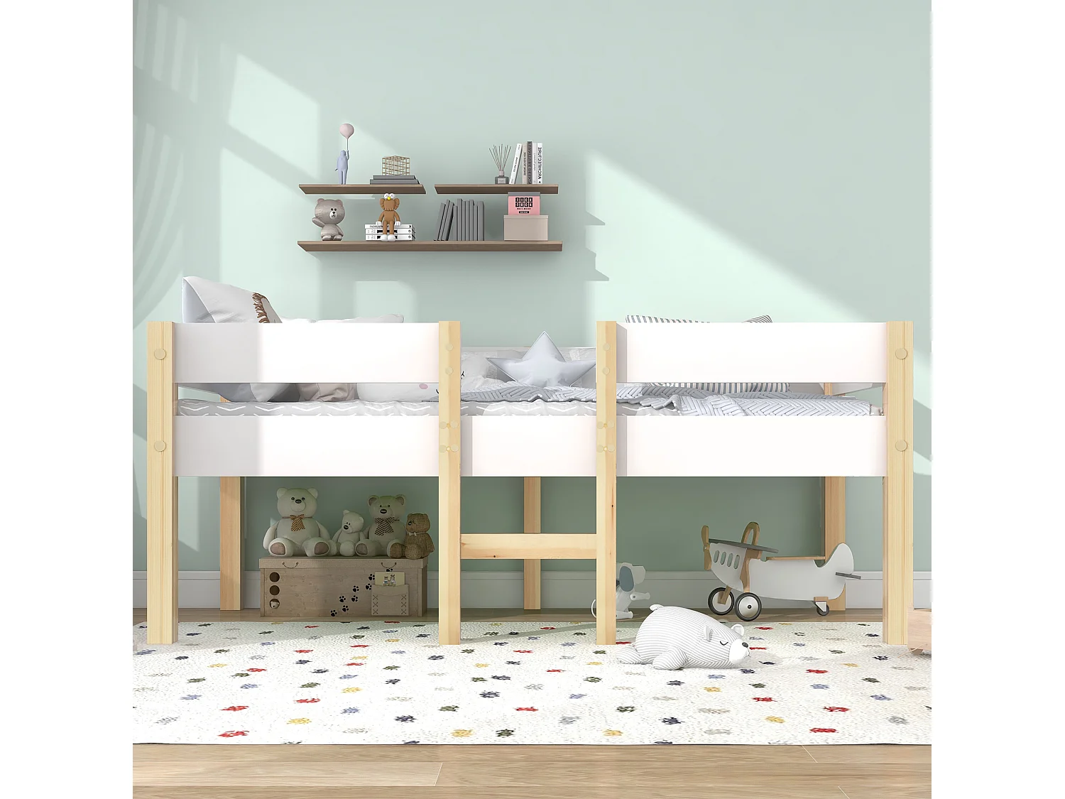 Lit Enfants 90 x 190 cm - Lit Mi-Hauteur Avec Protection Anti-Chute Et Échelle - En Pin Massif+MDF - Sans Matelas - Blanc