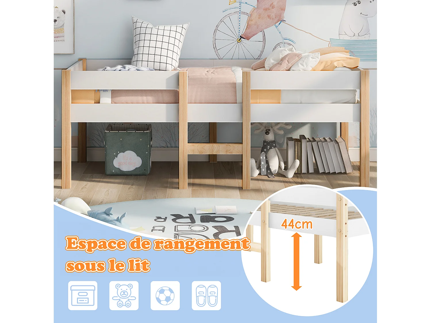 Lit Enfants 90 x 190 cm - Lit Mi-Hauteur Avec Protection Anti-Chute Et Échelle - En Pin Massif+MDF - Sans Matelas - Blanc