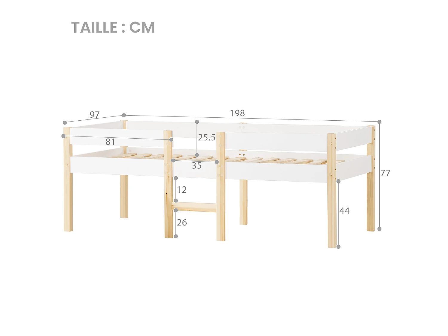 Lit Enfants 90 x 190 cm - Lit Mi-Hauteur Avec Protection Anti-Chute Et Échelle - En Pin Massif+MDF - Sans Matelas - Blanc