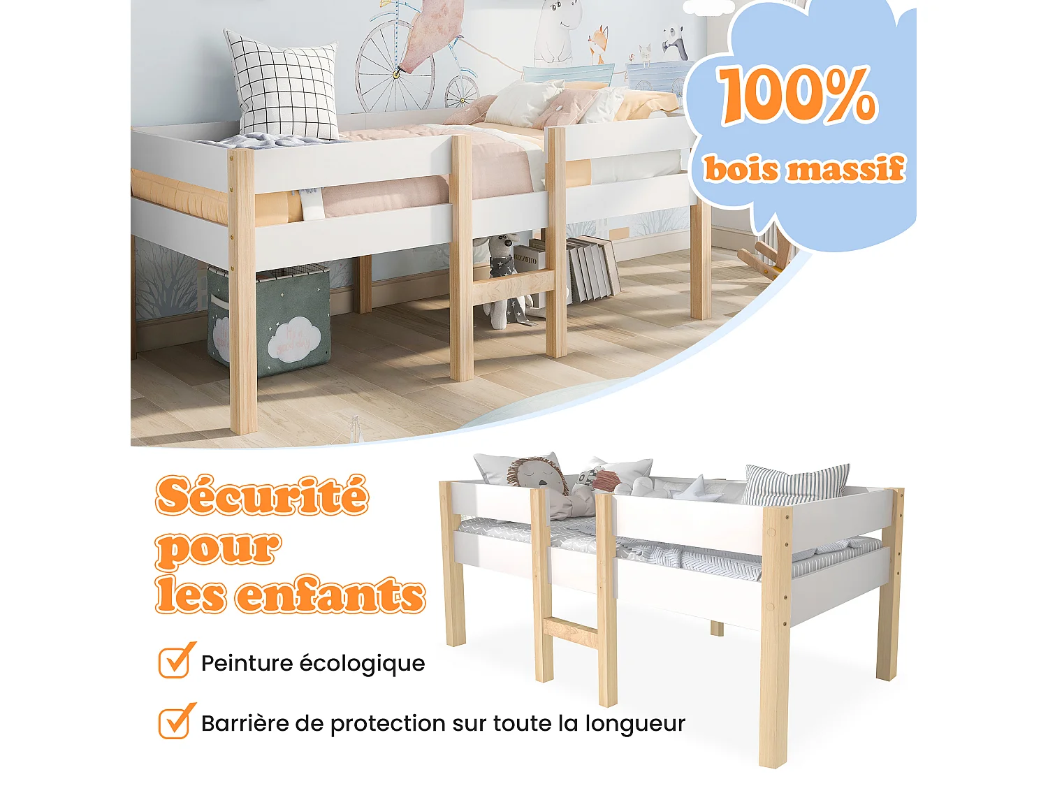 Lit Enfants 90 x 190 cm - Lit Mi-Hauteur Avec Protection Anti-Chute Et Échelle - En Pin Massif+MDF - Sans Matelas - Blanc