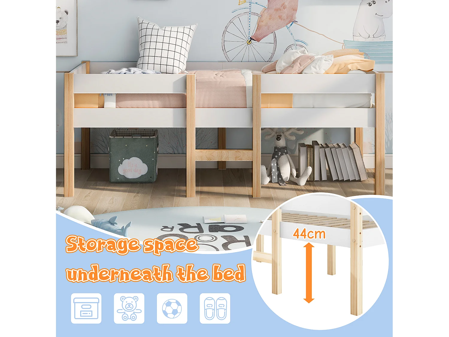 Lit enfants 90 x 200 cm - Lit Mi-Hauteur Avec Rangement Sous Le Lit Et Barrière Anti-Chute - En Pin Massif+MDF - Sans Matelas - Blanc - WF289184AAA