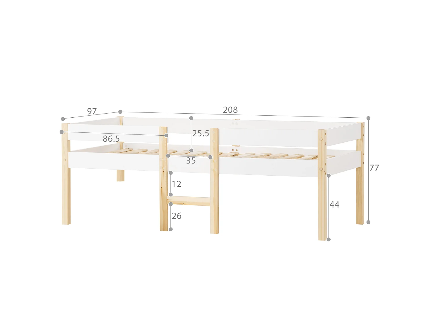 Lit enfants 90 x 200 cm - Lit Mi-Hauteur Avec Rangement Sous Le Lit Et Barrière Anti-Chute - En Pin Massif+MDF - Sans Matelas - Blanc - WF289184AAA