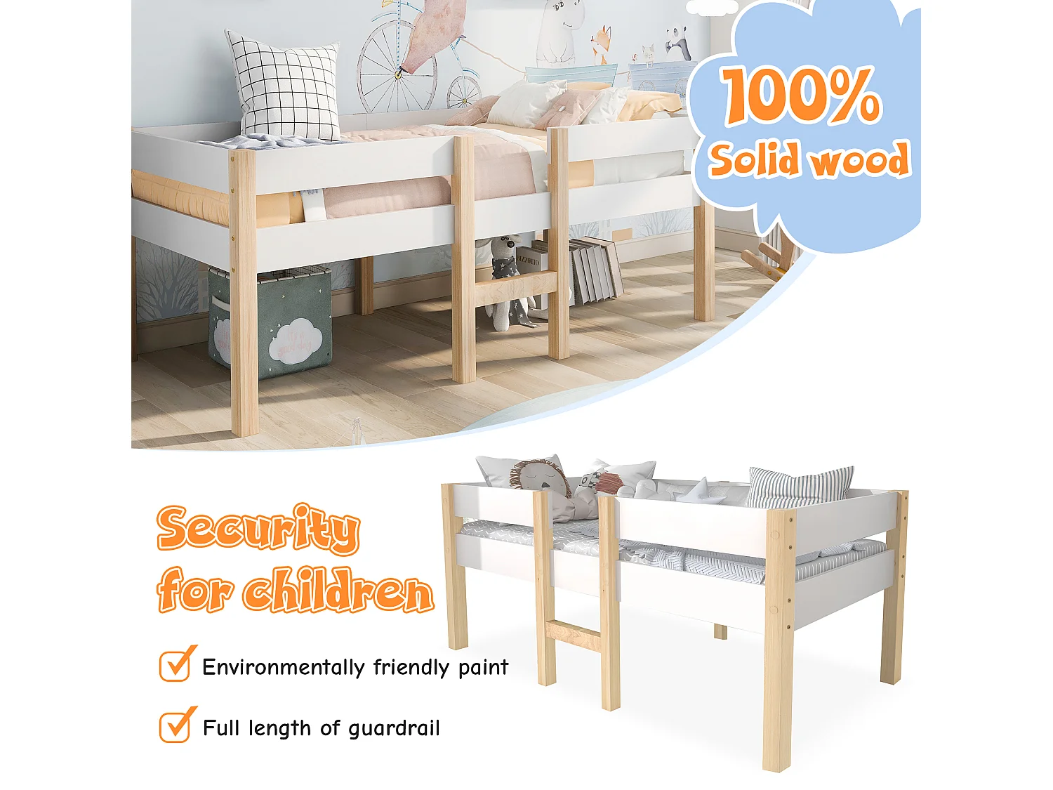 Lit enfants 90 x 200 cm - Lit Mi-Hauteur Avec Rangement Sous Le Lit Et Barrière Anti-Chute - En Pin Massif+MDF - Sans Matelas - Blanc - WF289184AAA
