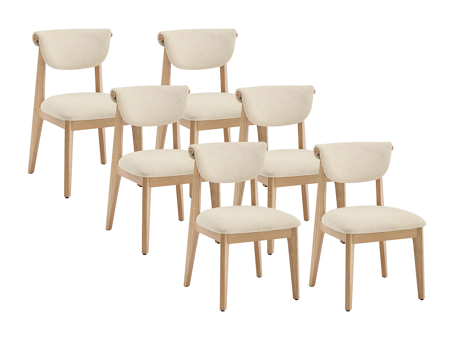 Lot de 6 chaises en tissu bouclette et bois d'hévéa - Crème - GABIEL