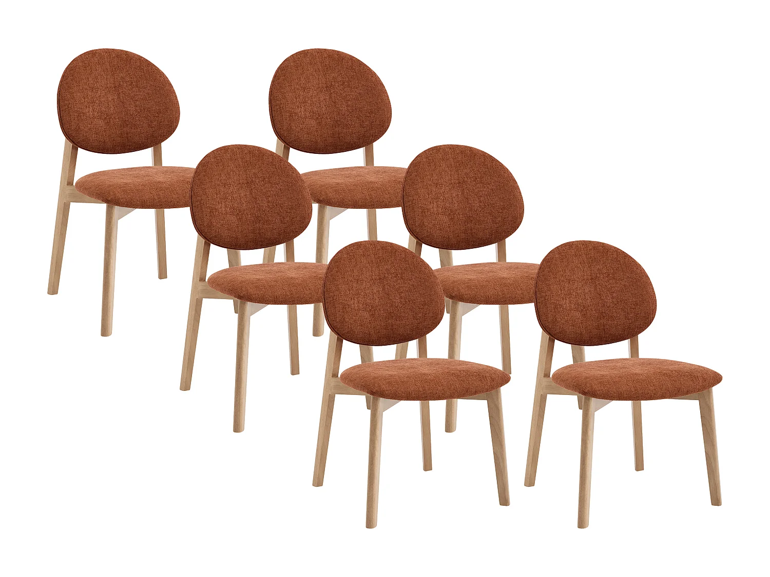 Lot de 6 chaises en tissu texturé et bois d’hévéa naturel clair - Terracotta - MARLENI
