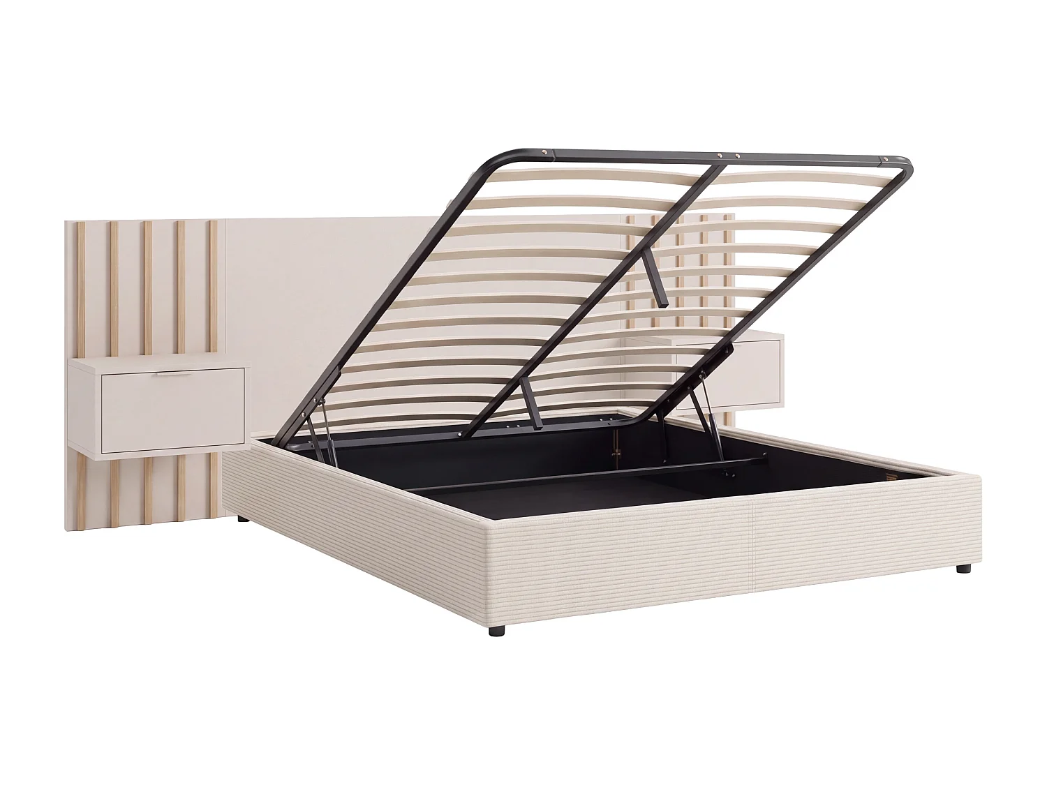 Lit coffre 160 x 200 cm avec tête de lit et chevets - Avec port USB-C - Beige et naturel - FIRMEO