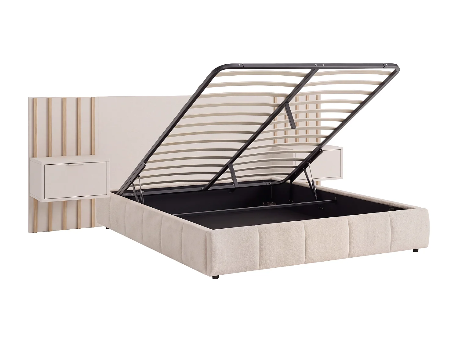 Lit coffre 160 x 200 cm avec tête de lit et chevets - Avec port USB - Beige et naturel - NULOX