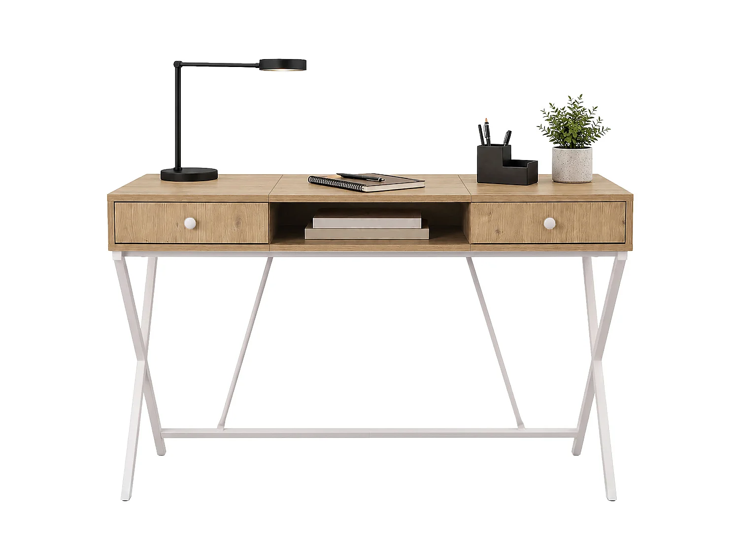 Computertafel Bureau Industrieel Eiken Artisan CROSSLINE 120 cm 2 Lades 1 Plank Witte Poten