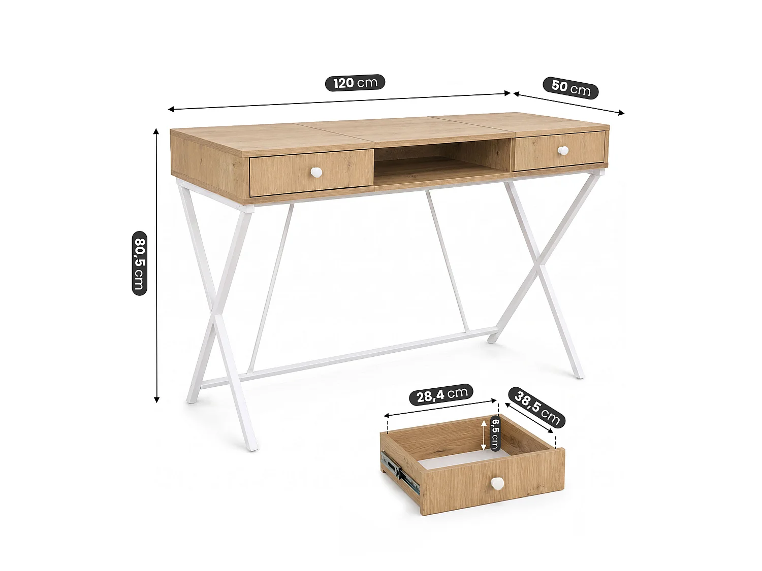 Computertafel Bureau Industrieel Eiken Artisan CROSSLINE 120 cm 2 Lades 1 Plank Witte Poten