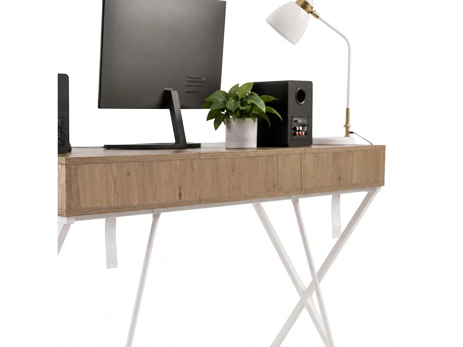 Computertafel Bureau Industrieel Eiken Artisan CROSSLINE 120 cm 2 Lades 1 Plank Witte Poten