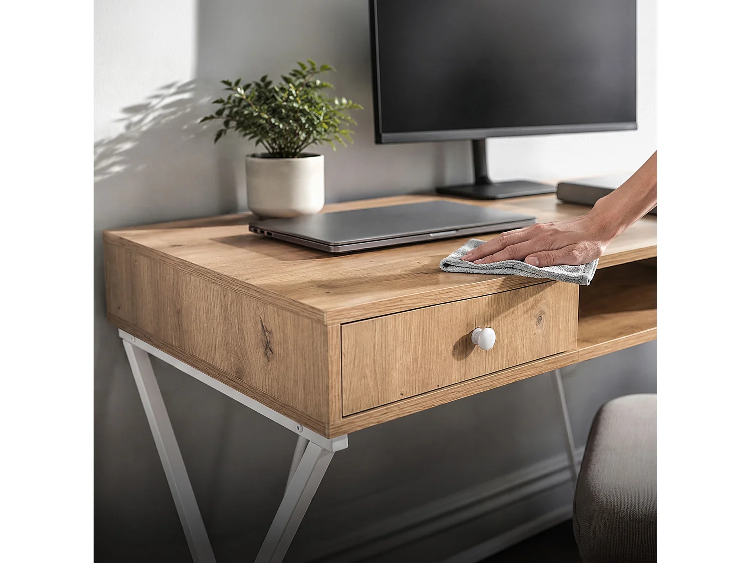 Computertafel Bureau Industrieel Eiken Artisan CROSSLINE 120 cm 2 Lades 1 Plank Witte Poten