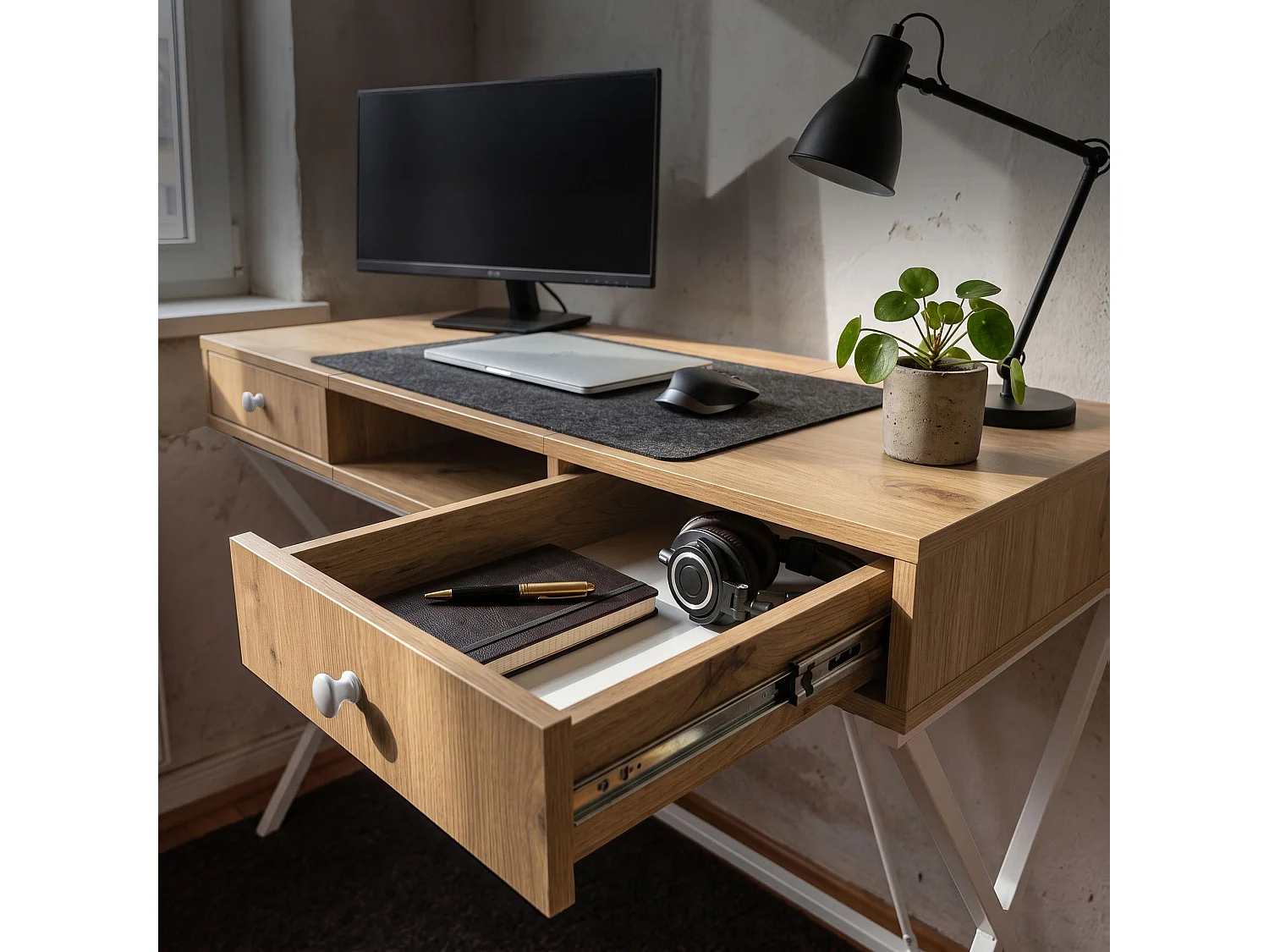 Computertafel Bureau Industrieel Eiken Artisan CROSSLINE 120 cm 2 Lades 1 Plank Witte Poten