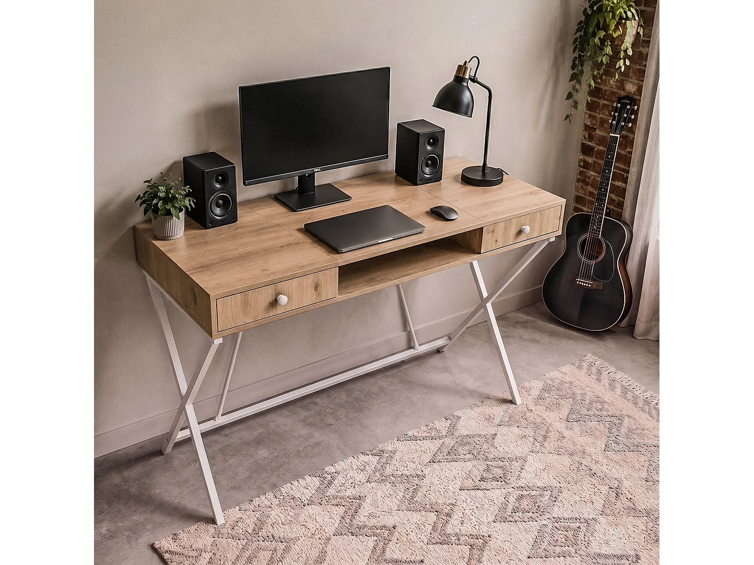 Computertafel Bureau Industrieel Eiken Artisan CROSSLINE 120 cm 2 Lades 1 Plank Witte Poten