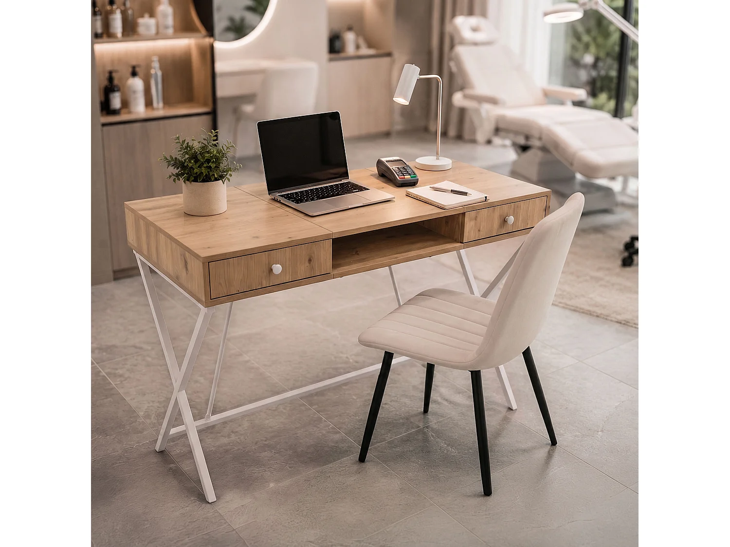 Computertafel Bureau Industrieel Eiken Artisan CROSSLINE 120 cm 2 Lades 1 Plank Witte Poten