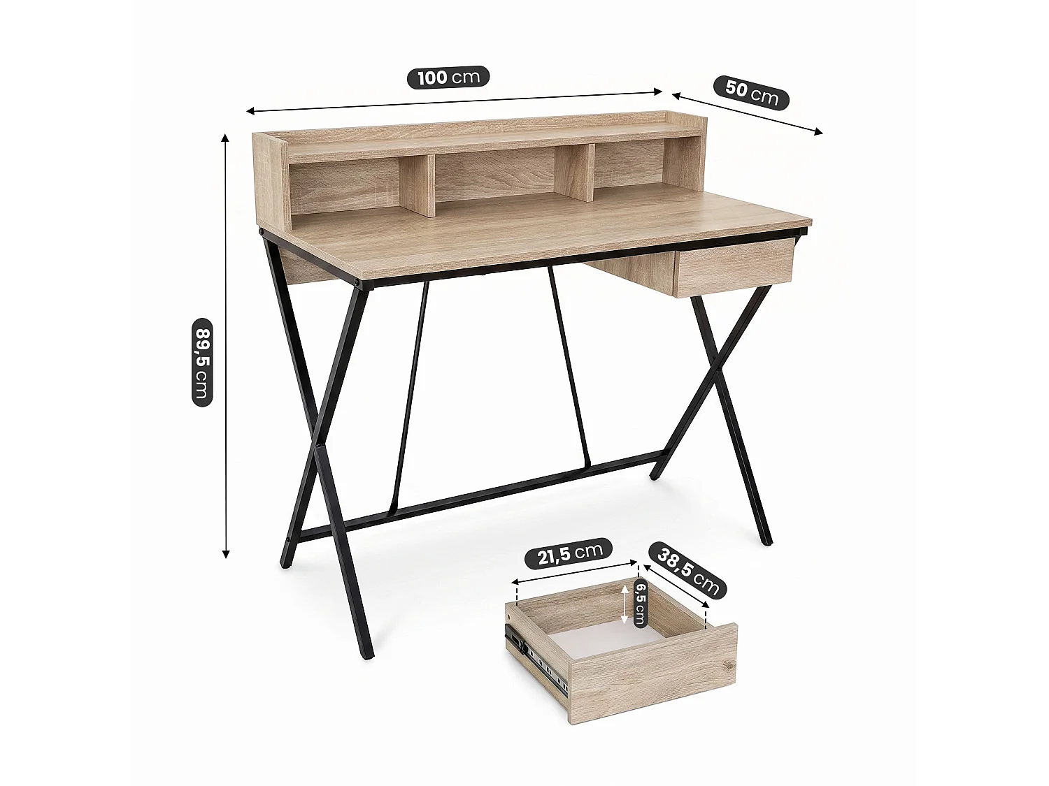 Computertafel Bureau Industrieel Eiken Sonoma FLEXO 100 cm 1 Lade 1 Plank Zwarte Poten