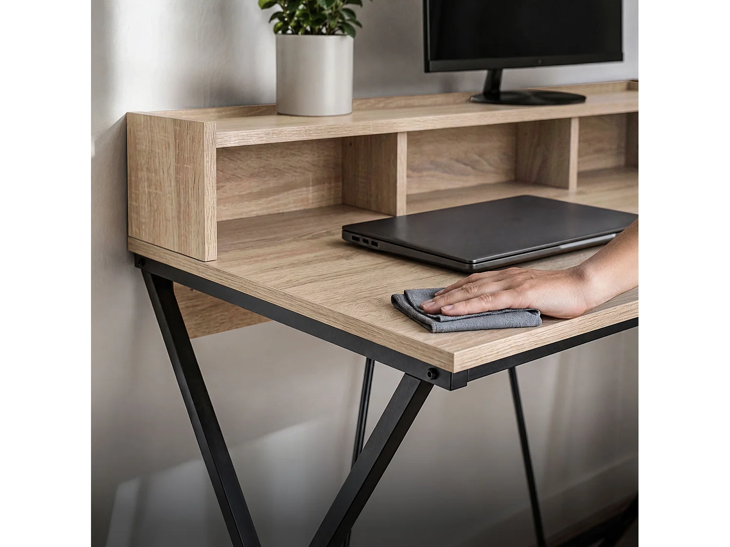 Computertafel Bureau Industrieel Eiken Sonoma FLEXO 100 cm 1 Lade 1 Plank Zwarte Poten