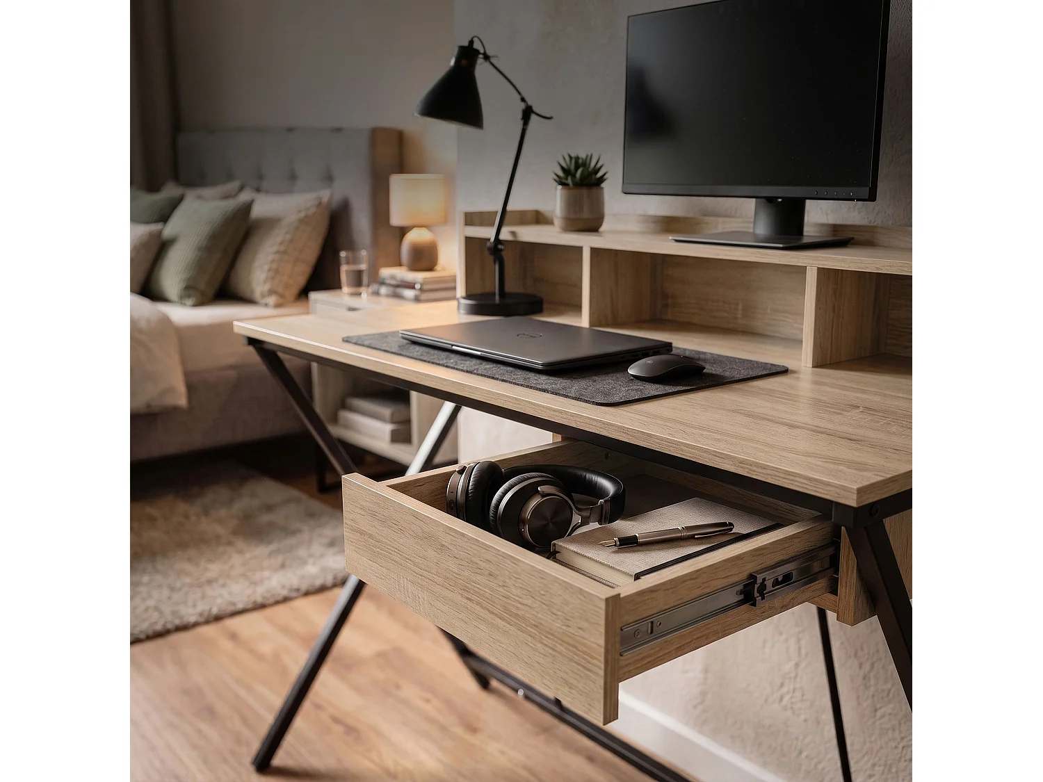 Computertafel Bureau Industrieel Eiken Sonoma FLEXO 100 cm 1 Lade 1 Plank Zwarte Poten