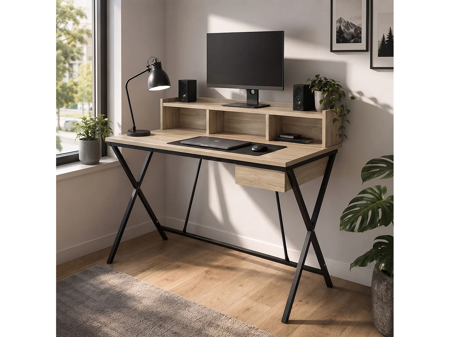 Computertafel Bureau Industrieel Eiken Sonoma FLEXO 100 cm 1 Lade 1 Plank Zwarte Poten