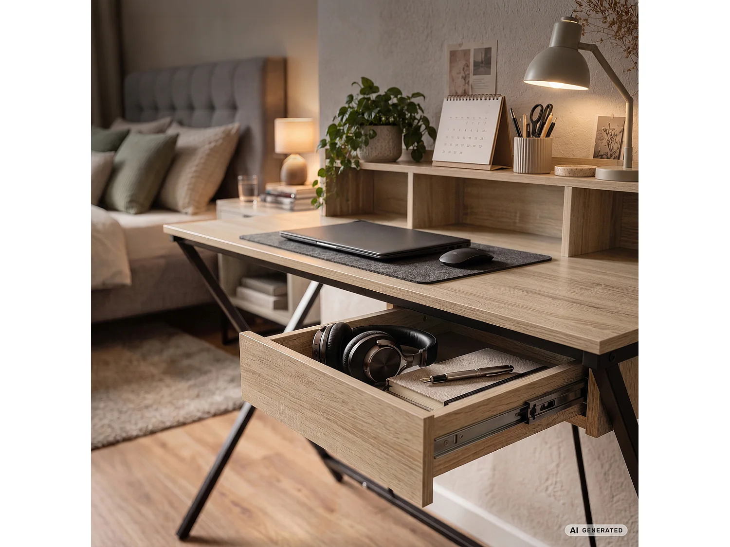 Bureau informatique industriel Chêne Sonoma FLEXO 100 cm 1 tiroir 1 étagère pieds noirs