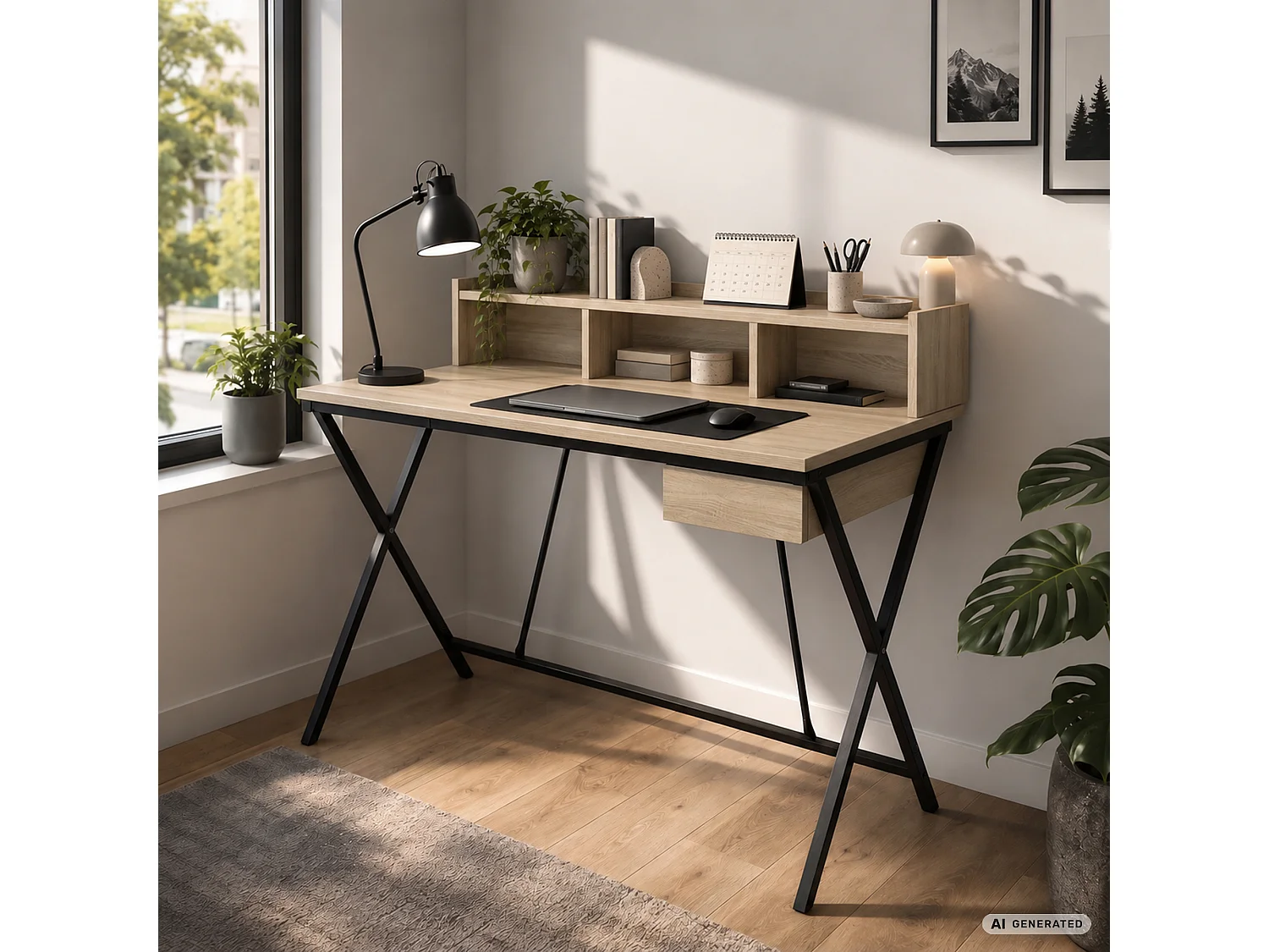 Bureau informatique industriel Chêne Sonoma FLEXO 100 cm 1 tiroir 1 étagère pieds noirs