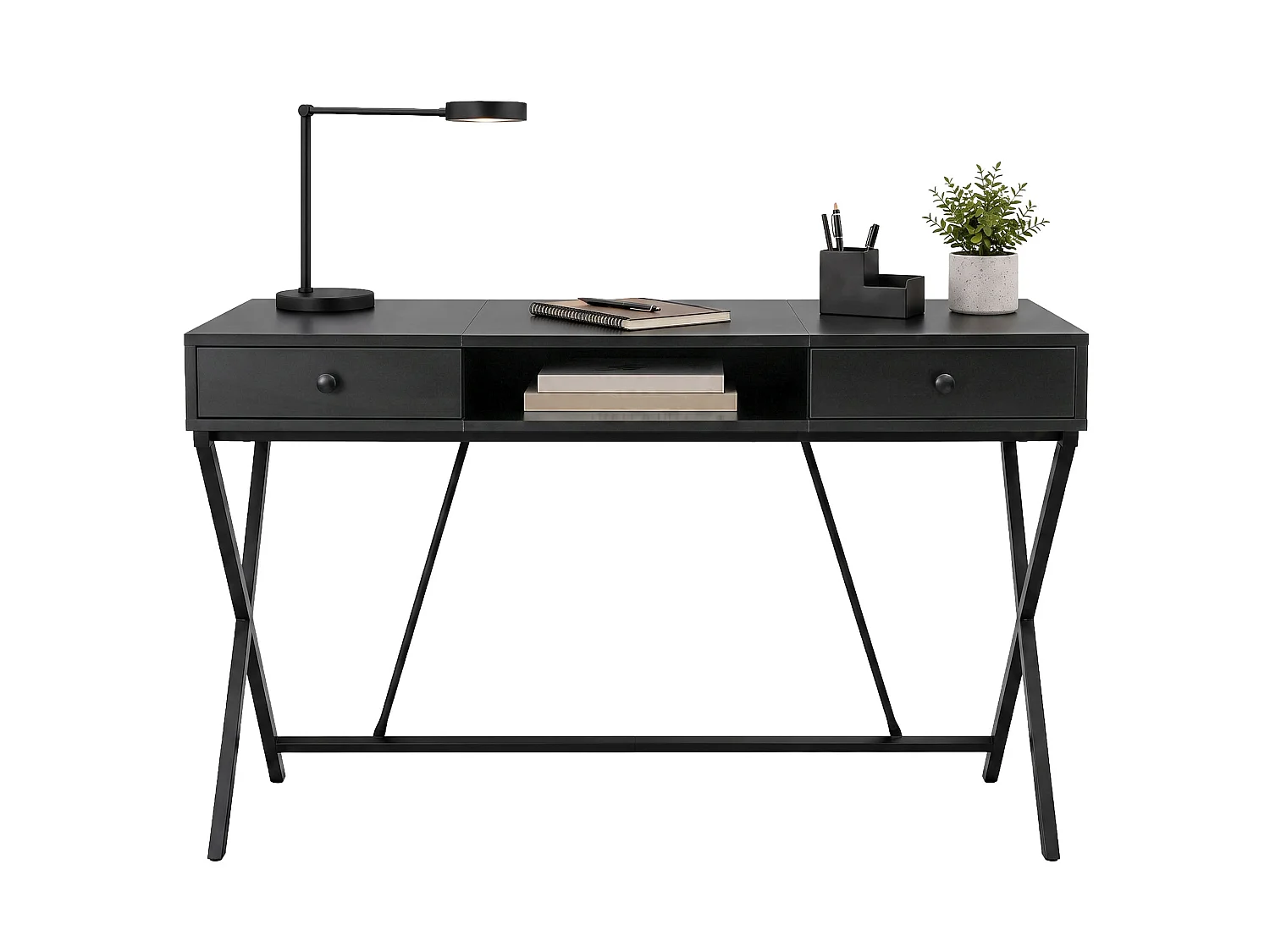 Computertafel Bureau Industrieel Zwart CROSSLINE 120 cm 2 Lades 1 Plank Zwarte Poten