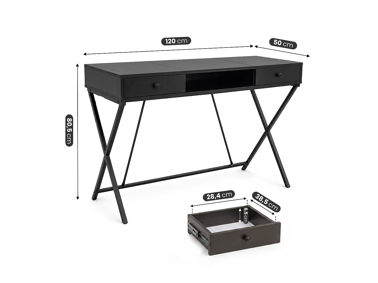 Computertafel Bureau Industrieel Zwart CROSSLINE 120 cm 2 Lades 1 Plank Zwarte Poten