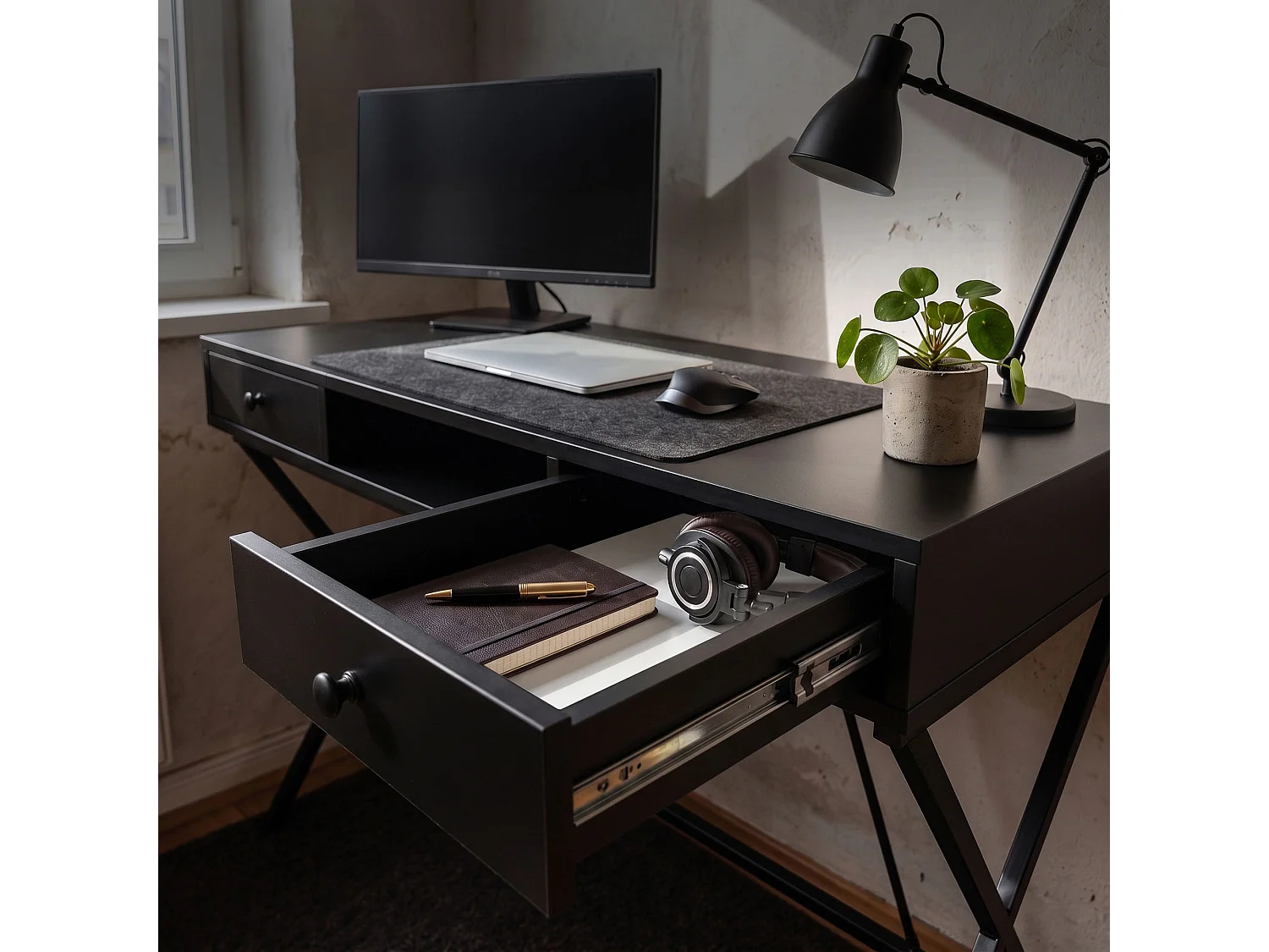 Computertafel Bureau Industrieel Zwart CROSSLINE 120 cm 2 Lades 1 Plank Zwarte Poten