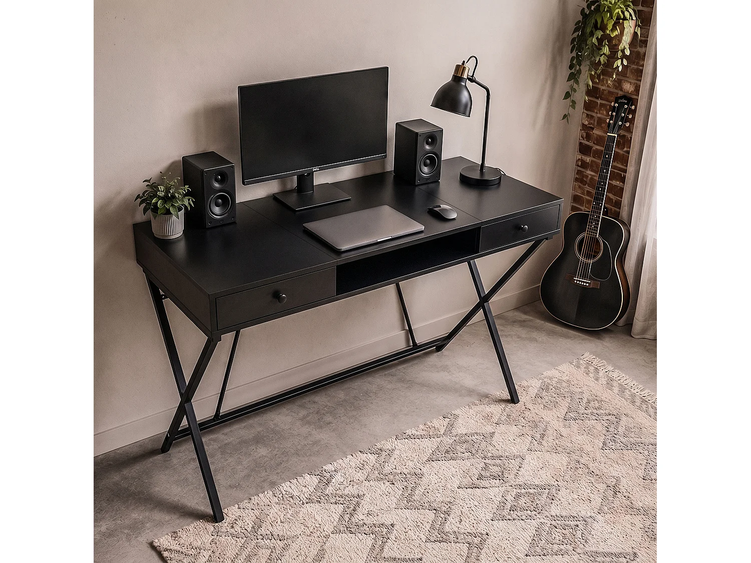 Computertafel Bureau Industrieel Zwart CROSSLINE 120 cm 2 Lades 1 Plank Zwarte Poten