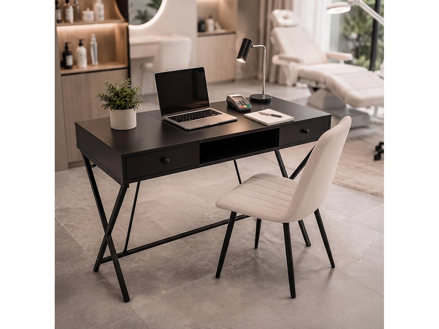 Computertafel Bureau Industrieel Zwart CROSSLINE 120 cm 2 Lades 1 Plank Zwarte Poten