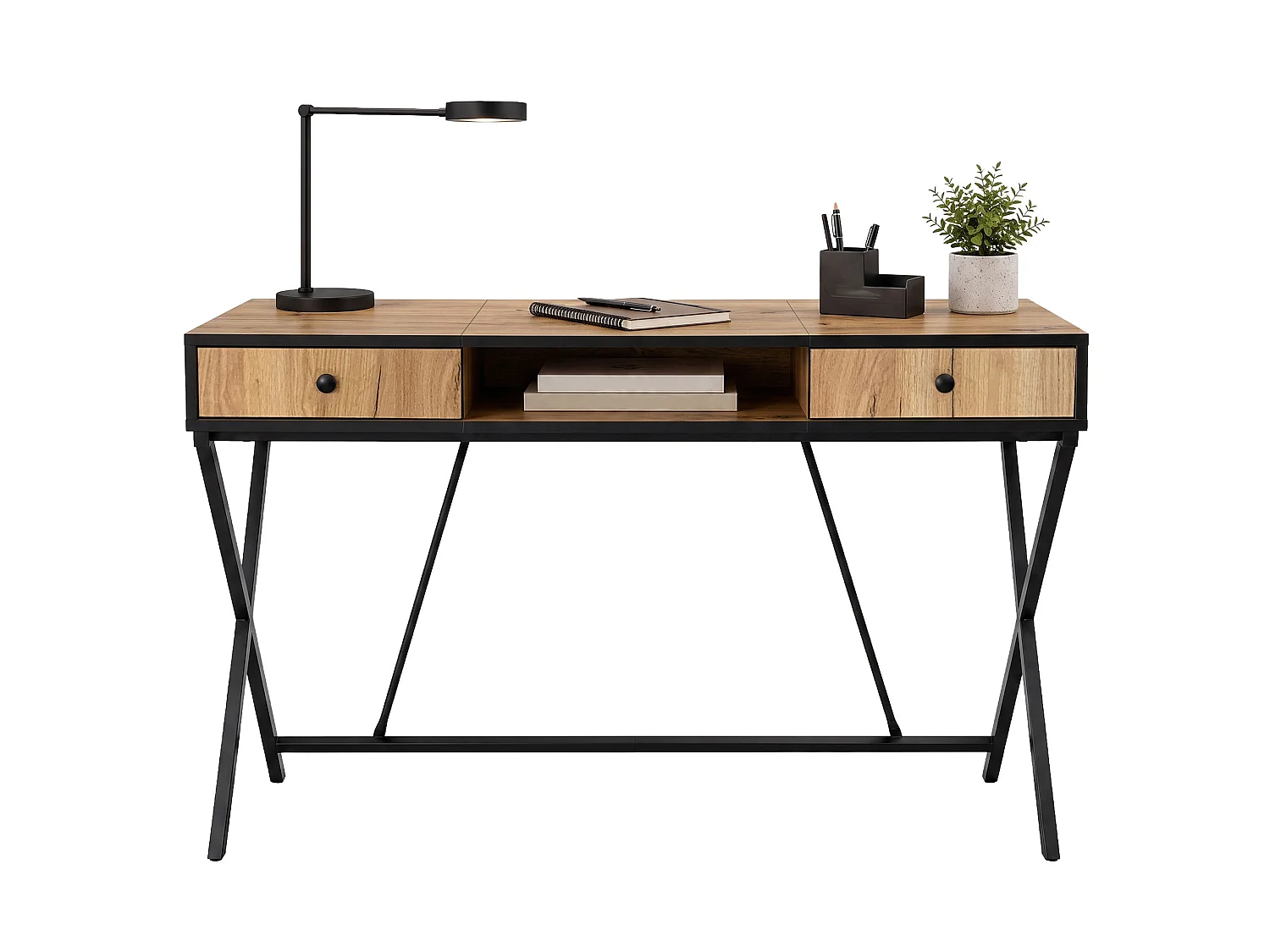 Computertafel Bureau Industrieel Eiken Craft CROSSLINE 120 cm 2 Lades 1 Plank Zwarte Poten