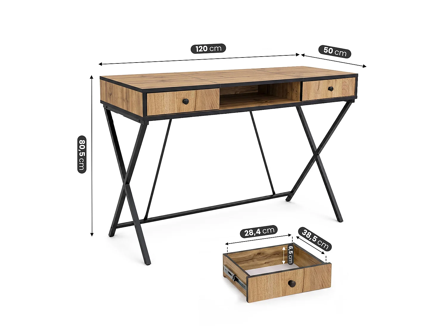 Computertafel Bureau Industrieel Eiken Craft CROSSLINE 120 cm 2 Lades 1 Plank Zwarte Poten