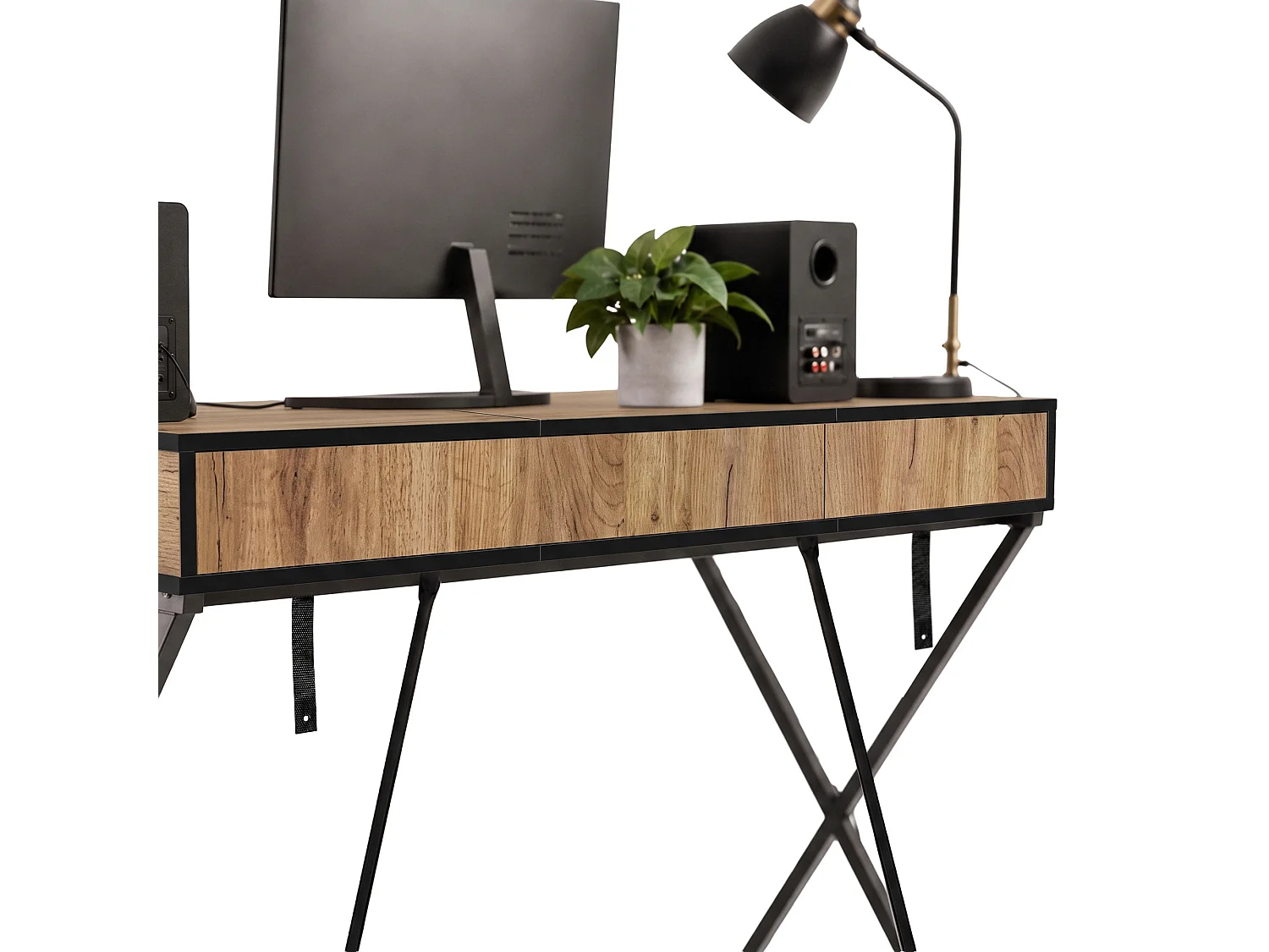 Computertafel Bureau Industrieel Eiken Craft CROSSLINE 120 cm 2 Lades 1 Plank Zwarte Poten