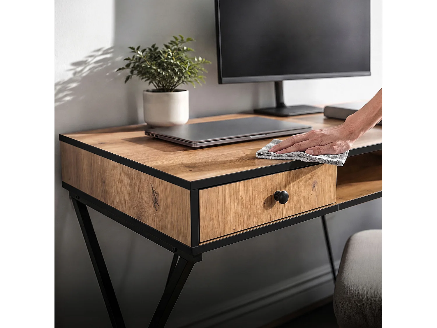 Computertafel Bureau Industrieel Eiken Craft CROSSLINE 120 cm 2 Lades 1 Plank Zwarte Poten