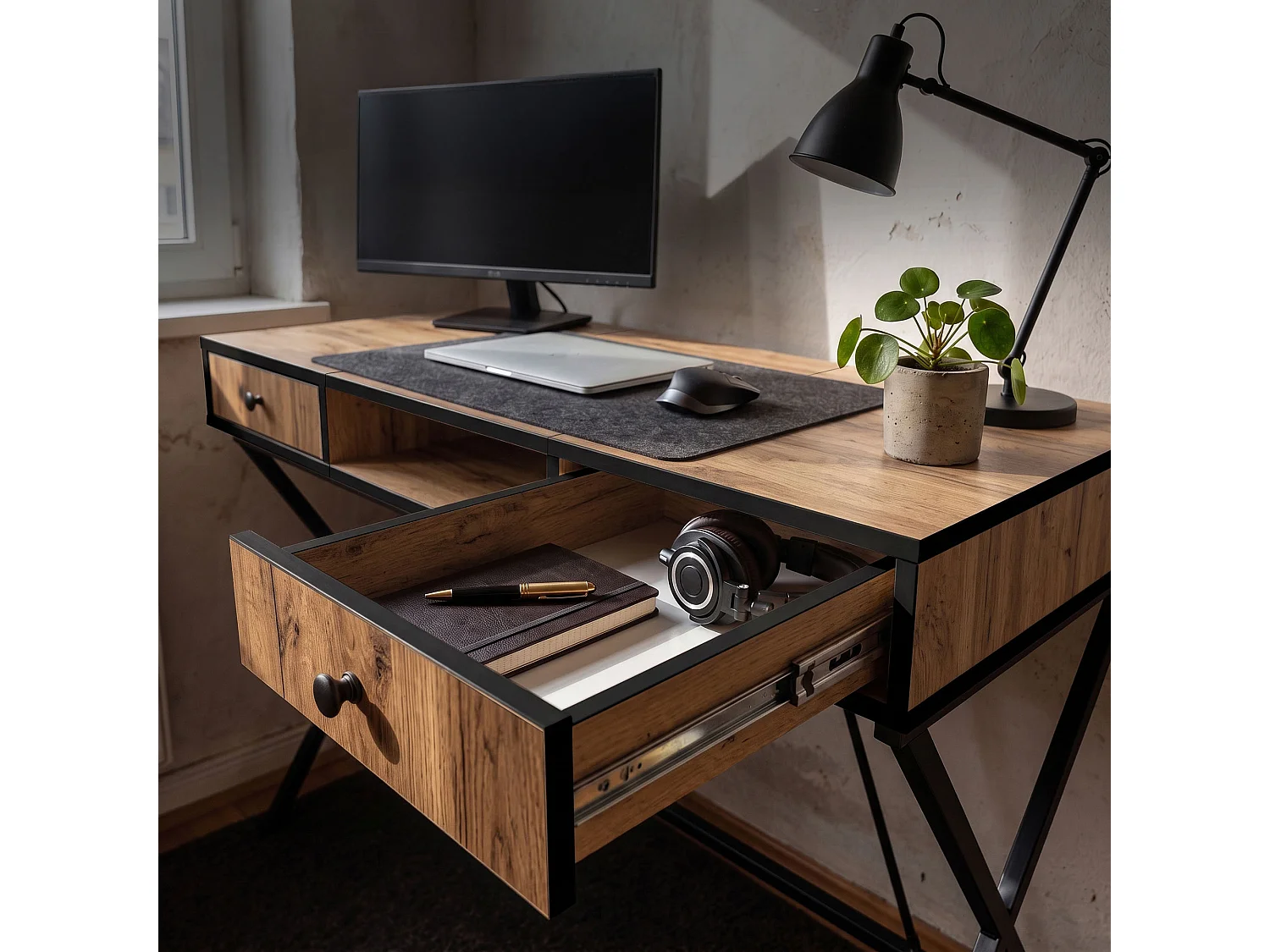 Computertafel Bureau Industrieel Eiken Craft CROSSLINE 120 cm 2 Lades 1 Plank Zwarte Poten