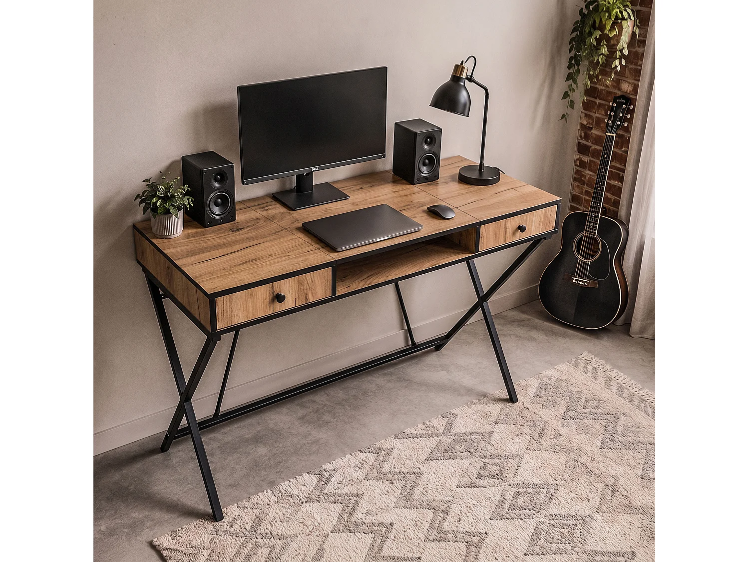 Computertafel Bureau Industrieel Eiken Craft CROSSLINE 120 cm 2 Lades 1 Plank Zwarte Poten