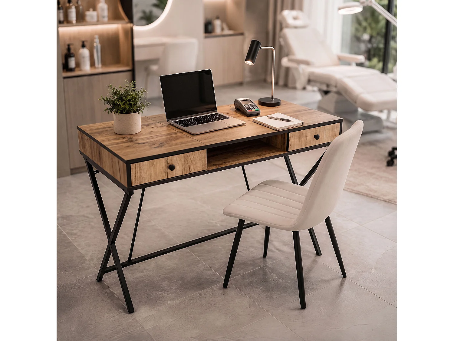Computertafel Bureau Industrieel Eiken Craft CROSSLINE 120 cm 2 Lades 1 Plank Zwarte Poten