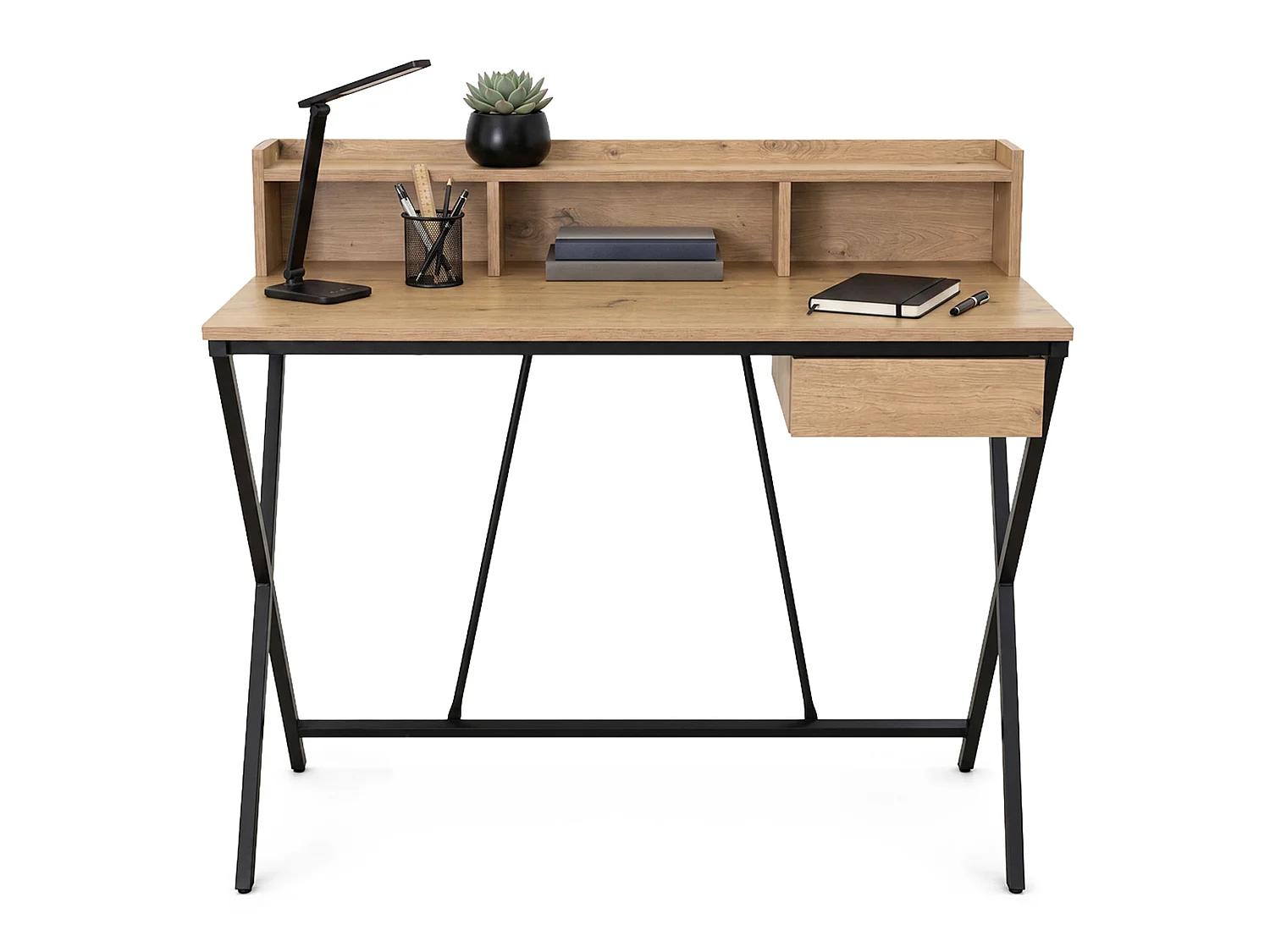 Computertafel Bureau Industrieel Eiken Artisan FLEXO 100 cm 1 Lade 1 Plank Zwarte Poten