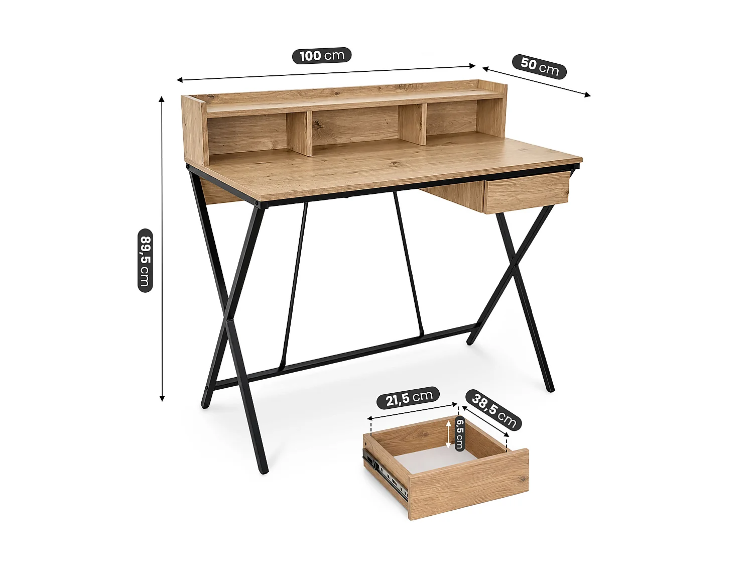Computertafel Bureau Industrieel Eiken Artisan FLEXO 100 cm 1 Lade 1 Plank Zwarte Poten