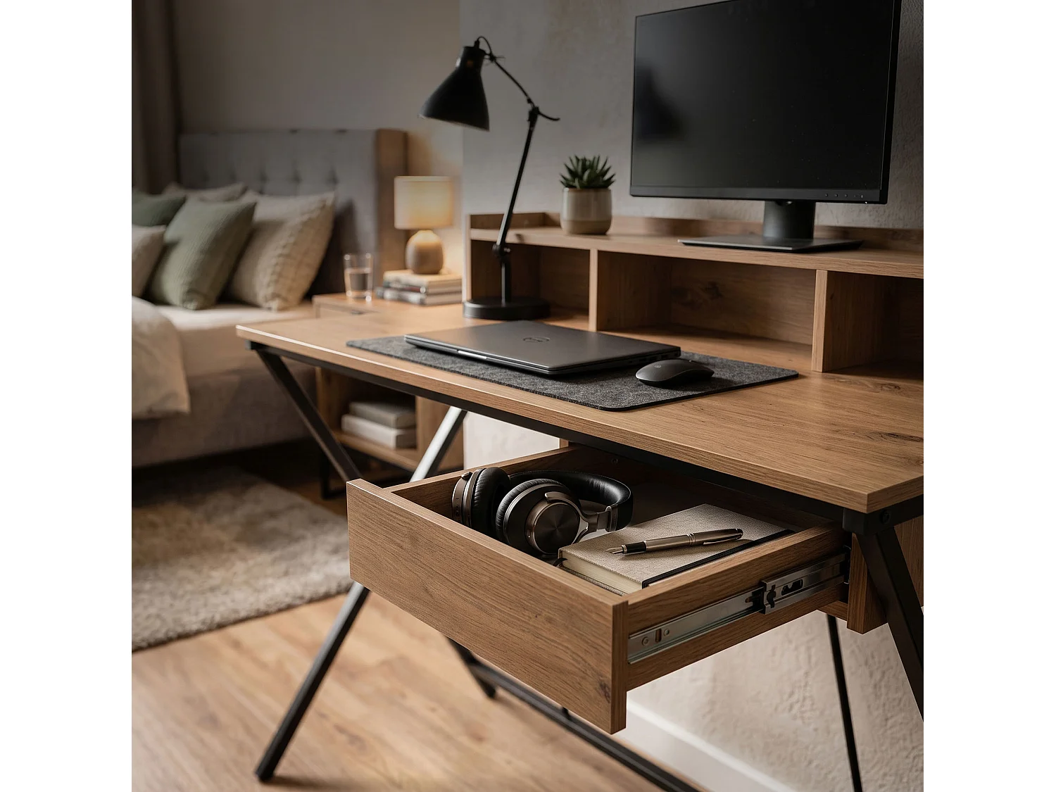 Computertafel Bureau Industrieel Eiken Artisan FLEXO 100 cm 1 Lade 1 Plank Zwarte Poten