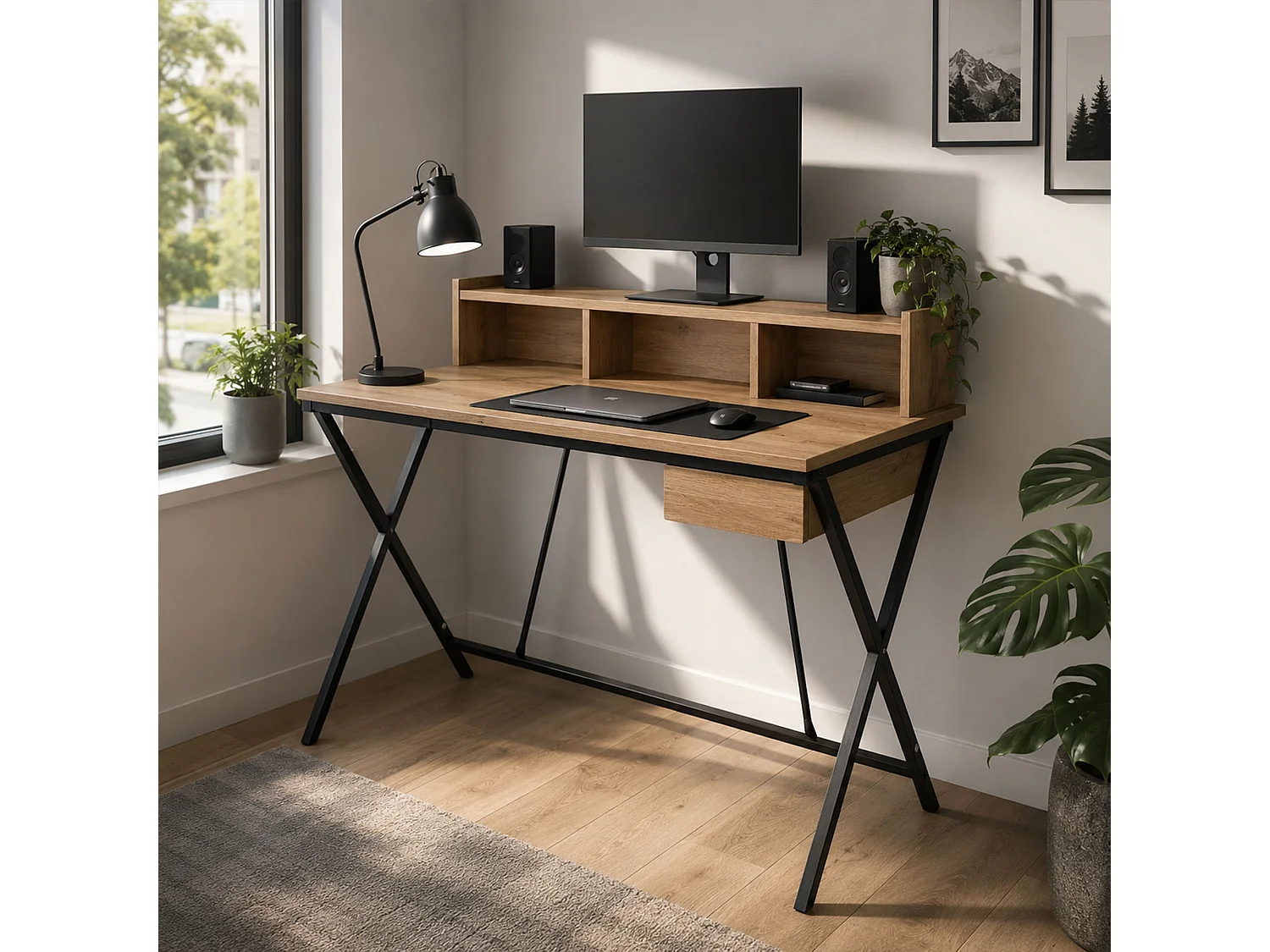 Computertafel Bureau Industrieel Eiken Artisan FLEXO 100 cm 1 Lade 1 Plank Zwarte Poten