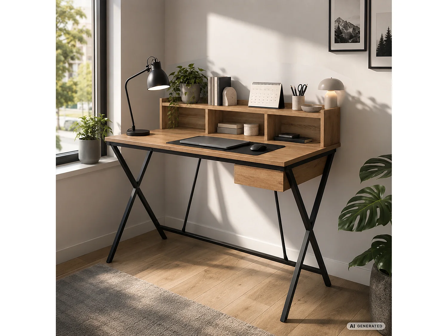 Biurko industrialne komputerowe Dąb Artisan FLEXO 100 cm 1 szuflada 1 półka Czarne nogi